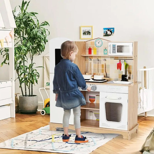 Kids Wooden Play Kitchen Set with Realistic Sounds & Accessories