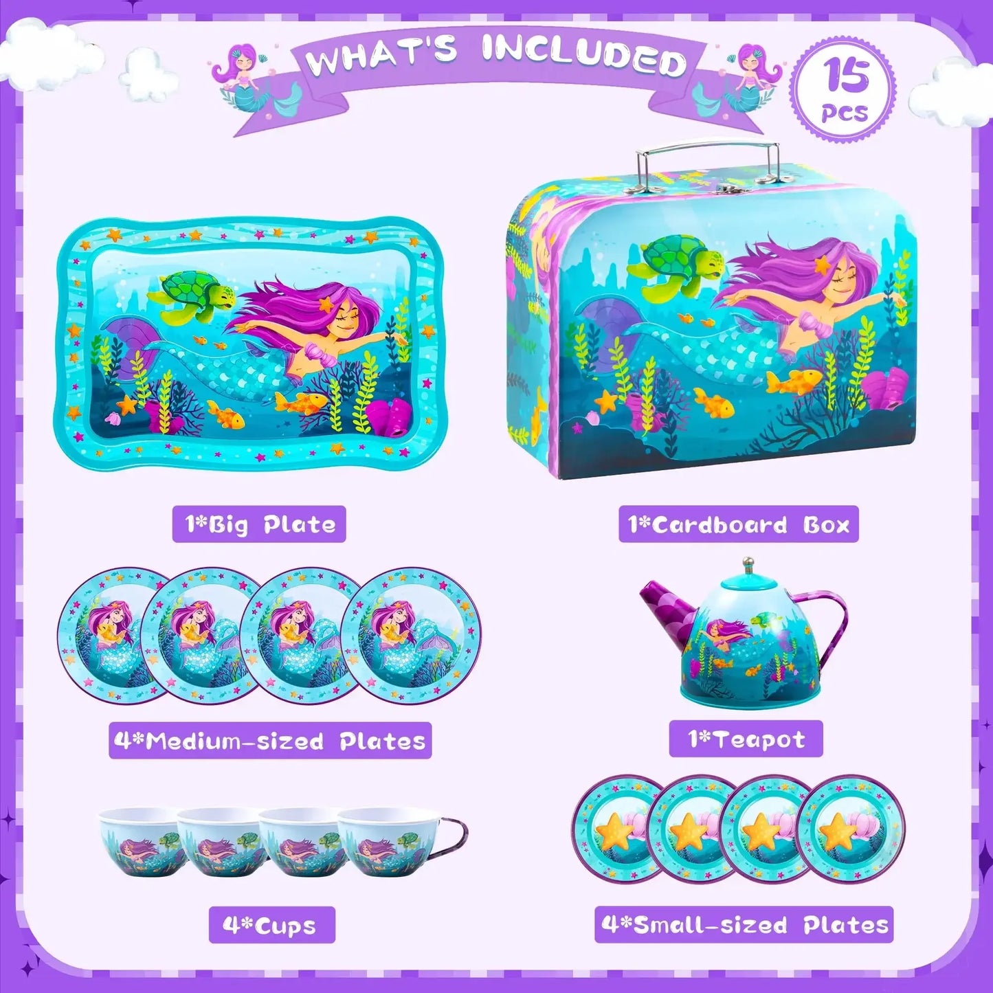 Kids Tin Tea Party Set - Mermaid & Unicorn Princess Pretend Play