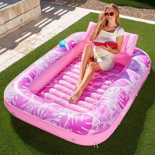 Inflatable Tanning Pool Lounger - Pink PVC Sunbathing Bed for Pools