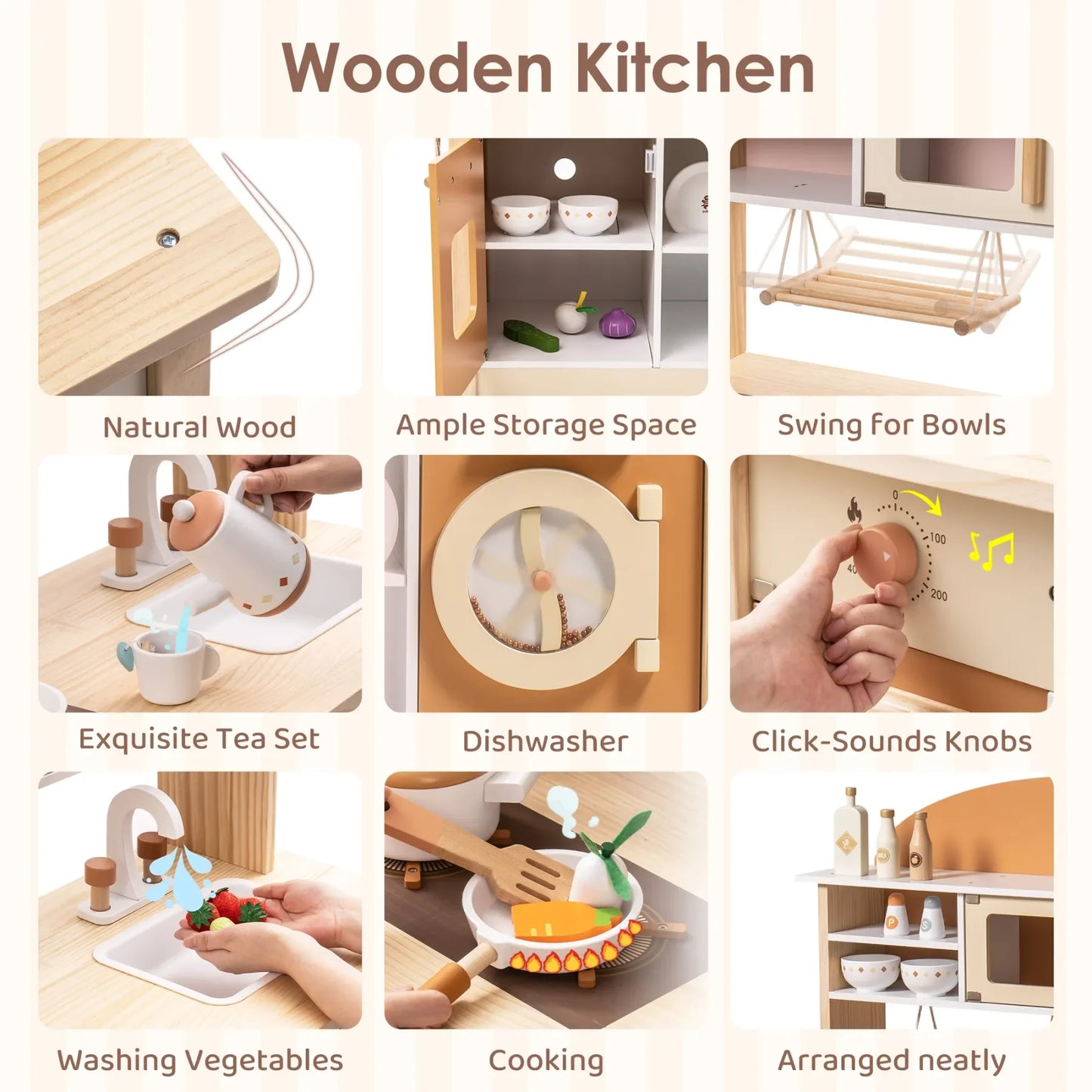 Wooden Play Kitchen Playset - Montessori Wood Toy for Kids