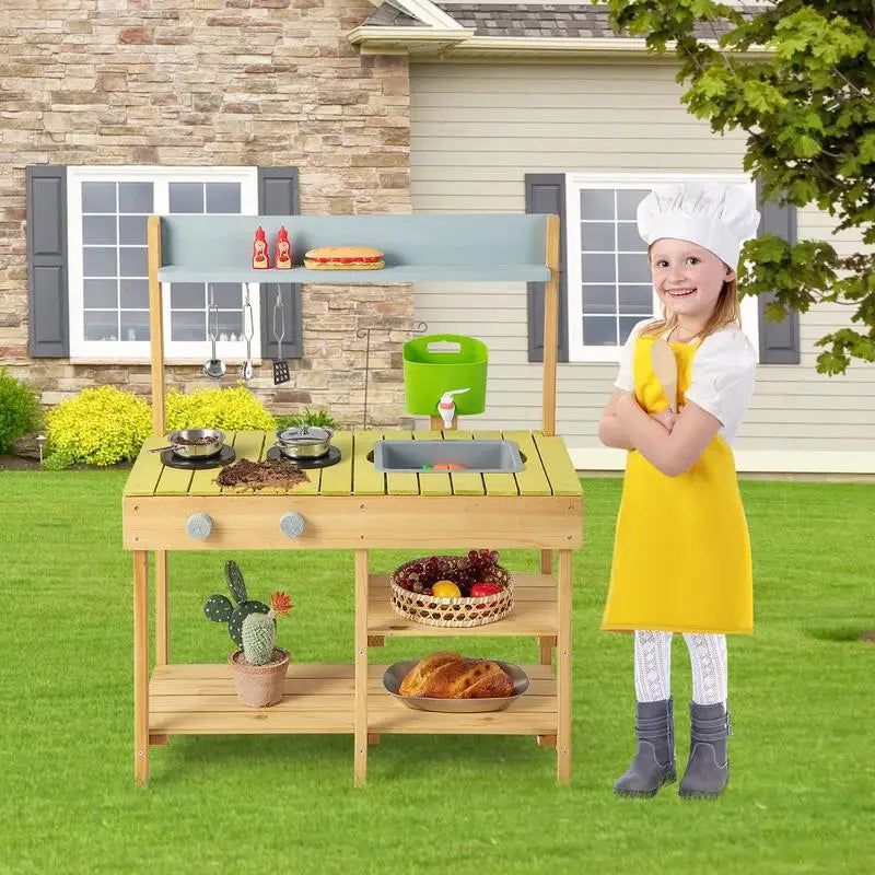 Kids Outdoor Wooden Play Kitchen - Solid Pine Backyard Mud Kitchen