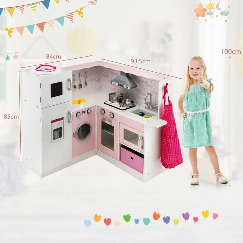 Wooden Corner Play Kitchen Set with Lights & Sounds for Toddlers