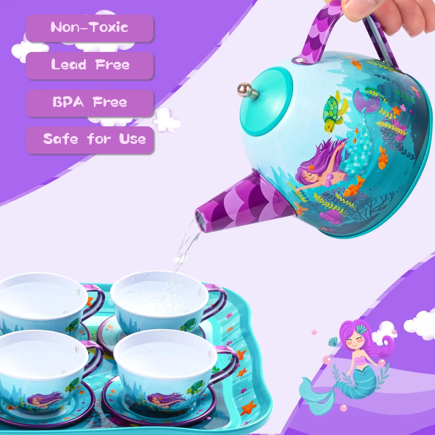 Kids Tin Tea Party Set - Mermaid & Unicorn Princess Pretend Play
