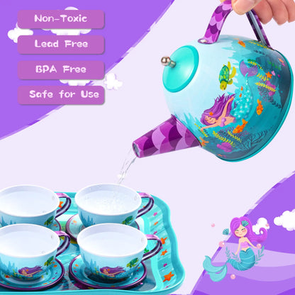 Kids Tin Tea Party Set - Mermaid & Unicorn Princess Pretend Play