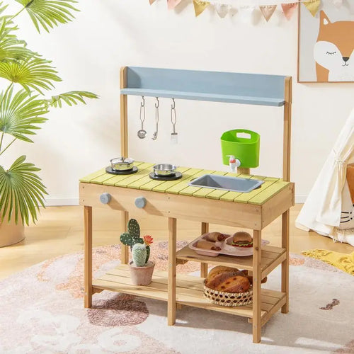 Kids Outdoor Wooden Play Kitchen - Solid Pine Backyard Mud Kitchen