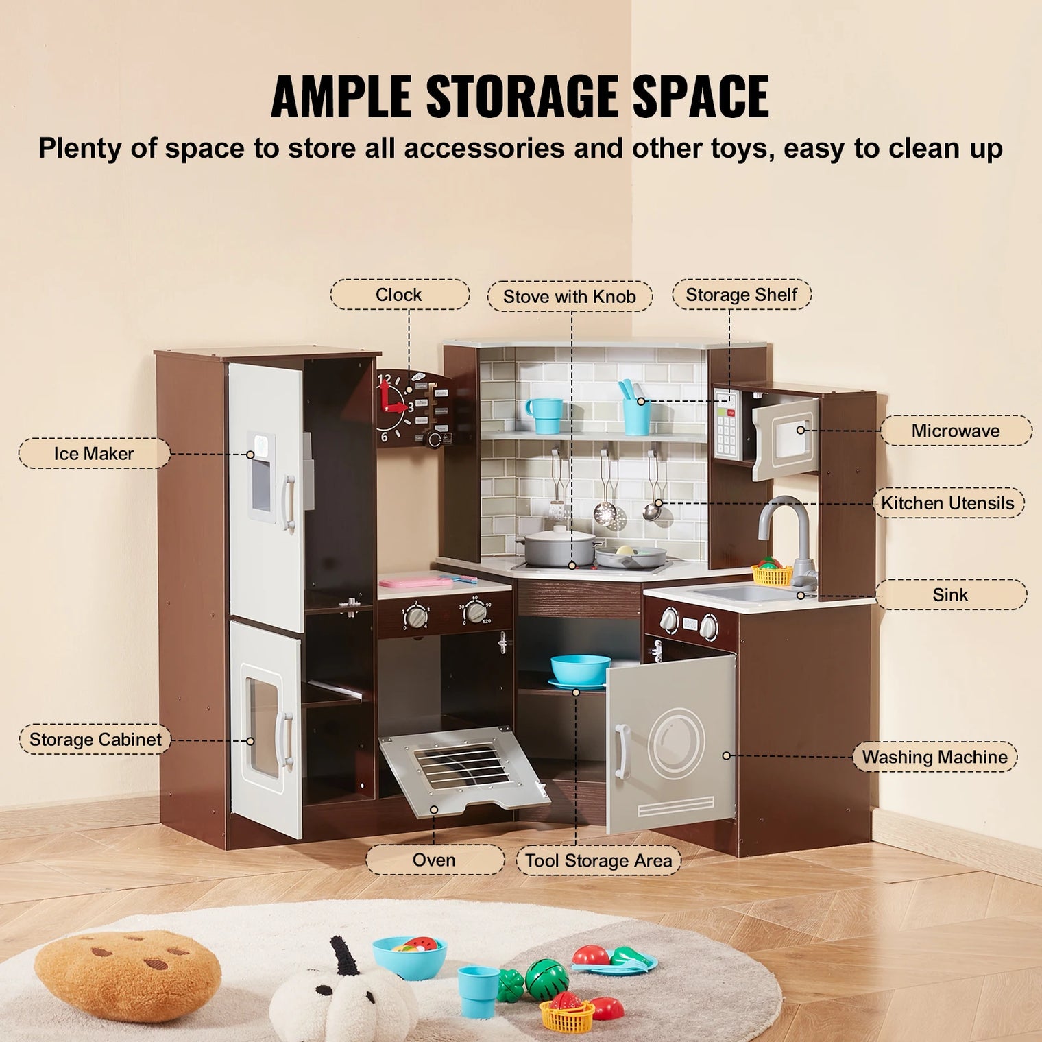 Kids Wooden Play Kitchen Set with Ice Maker & 24 Accessories