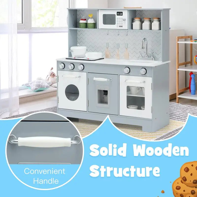 Wooden Kids Play Kitchen Set with Realistic Lights and Sounds