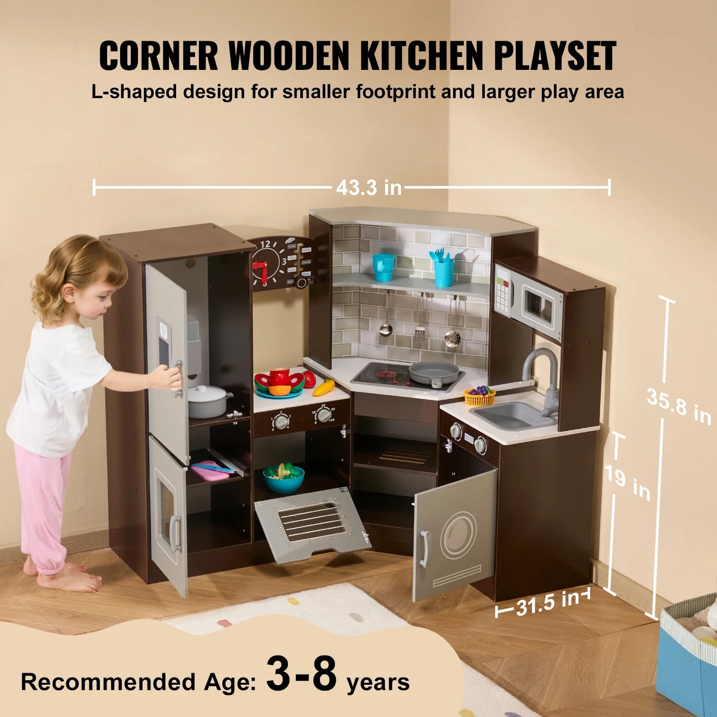 Kids Wooden Play Kitchen Set with Ice Maker & 24 Accessories