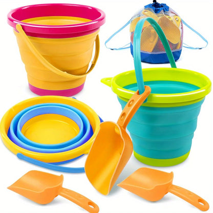 3 Pack Collapsible Beach Buckets with Shovels & Mesh Bag for Kids