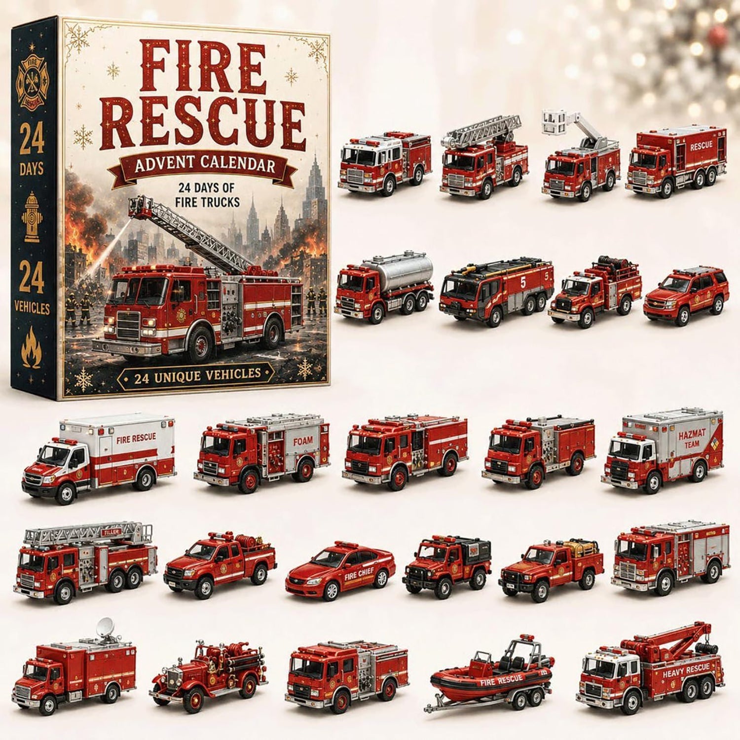 Fire Rescue 2026 Advent Calendar Firefighter Lover Merch Rescue Vehicle Holiday Decor Gift