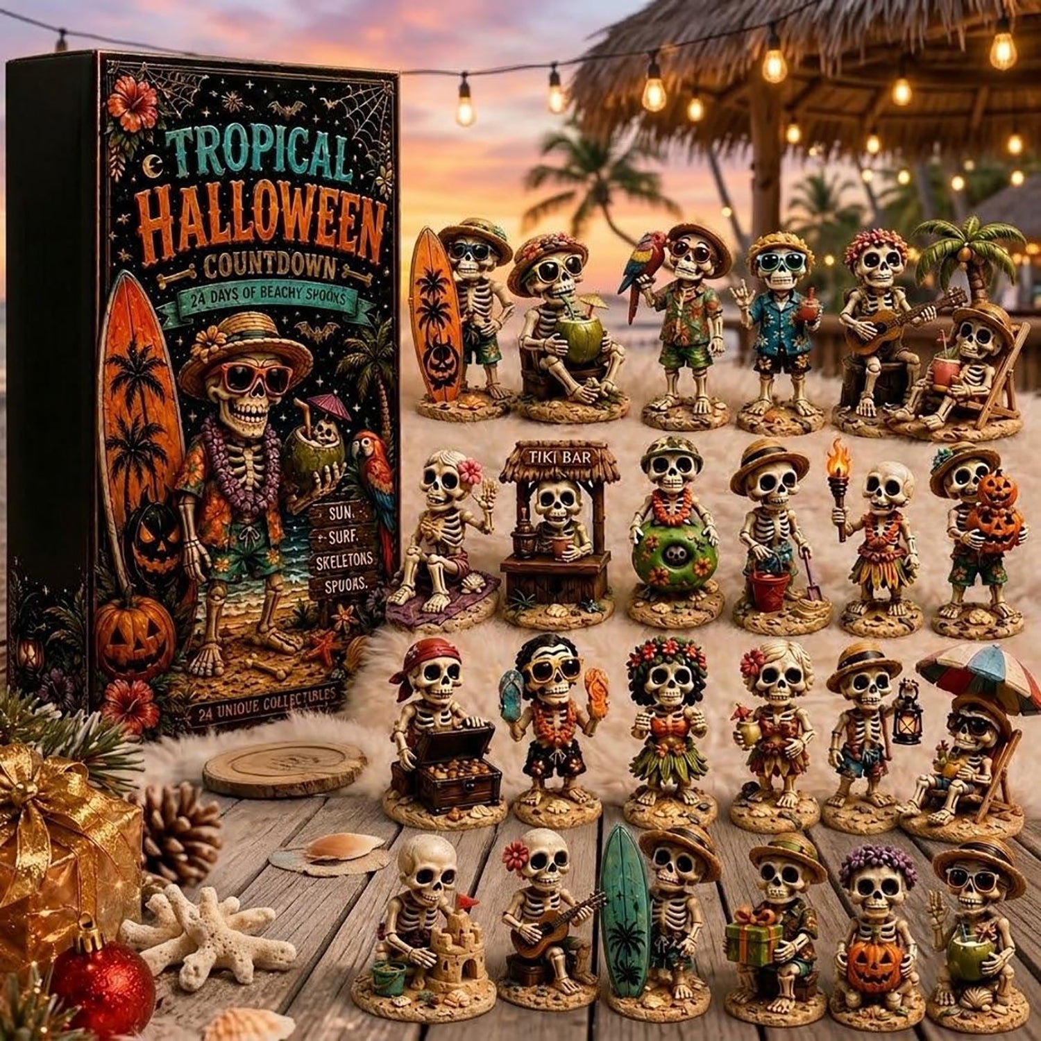 Tropical Halloween Beach 2026 Advent Calendar Tiki Decor Merch Beach Skeleton Gift