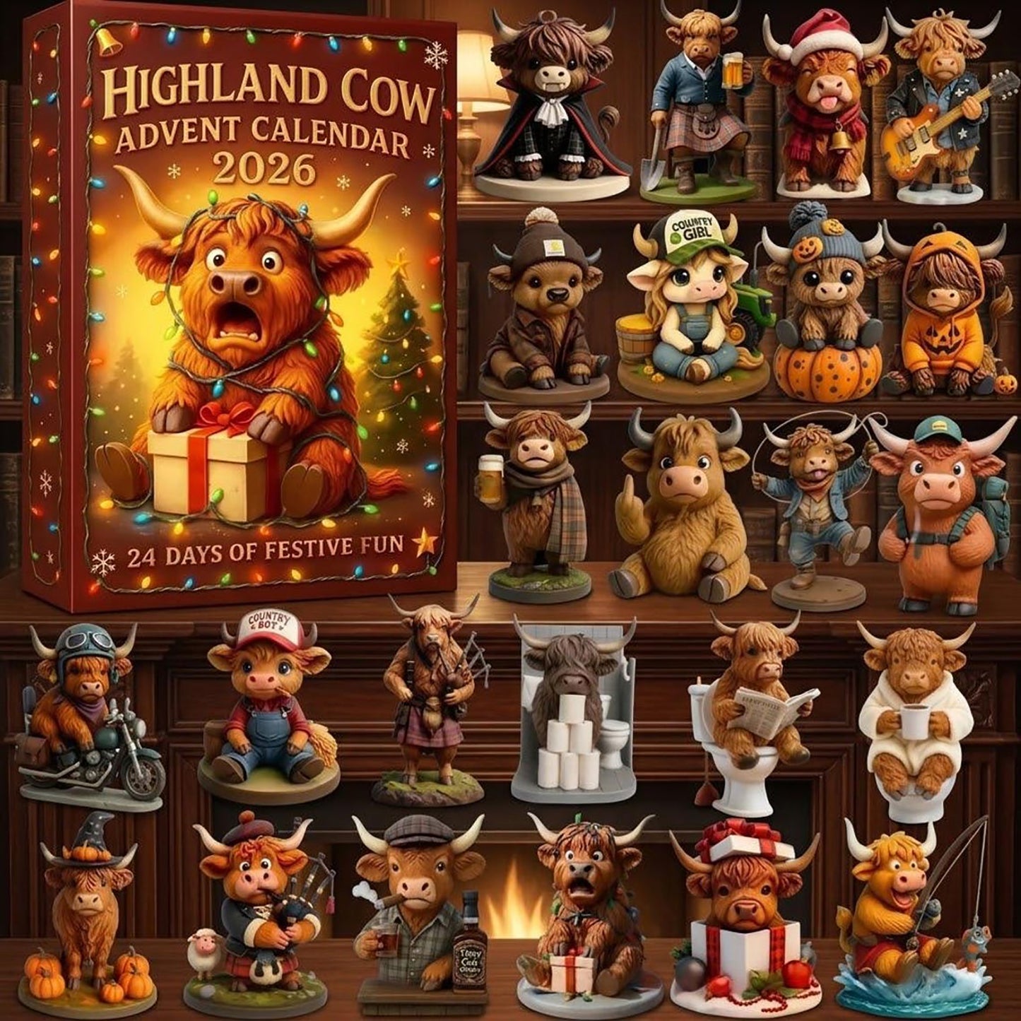 Highland Cow Advent Calendar 2026 Cute Farm Animal Christmas Merch Farmhouse Xmas Decor Gift