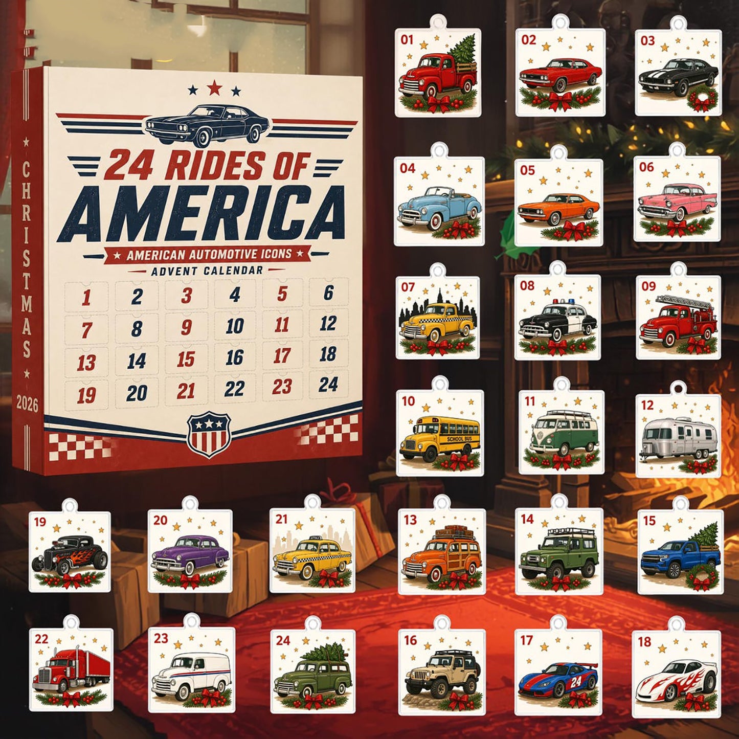 Rides Of America Advent Calendar 2026 Car Lover Merch Automotive Ornament Gift For Car Lover